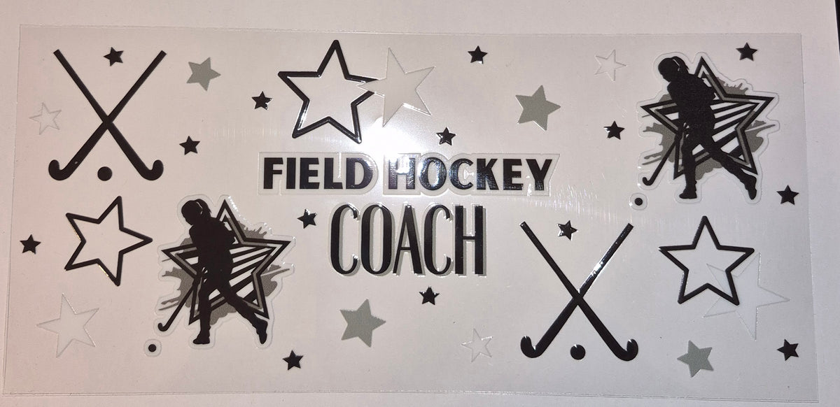 Field Hockey Coach w/ Hockey player,  stars and sticks cup wrap decal
